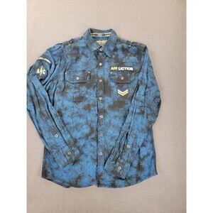 Affliction Shirt Mens Large Blue Black Slim Fit Button Down Skull 73rd Airborne